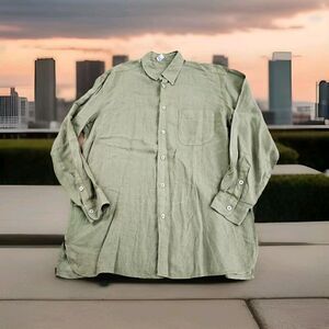 Ermenegildo Zegna Men's Green Linen Long Sleeve Camp Button Shirt Size XL
